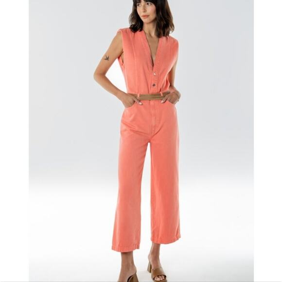 Etica Anthropologie Camden Denim Jumpsuit Coral Wide Leg Utility Small NWT - Picture 2 of 15